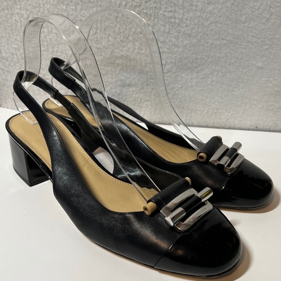 Michael Kors Shoes - MICHAEL KORS Black Leather Slingback Block Heel Shoes Women Size 9.5M